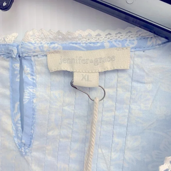 Jennifer Grace Top Size XL Women's Sophie Blue Flutter Sleeve Floral Cotton - Picture 4 of 7